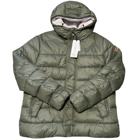 Save the Duck Womens Animal Free Sherpa Lined Puffer Jacket Green XL NWT FLAW - Picture 1 of 14